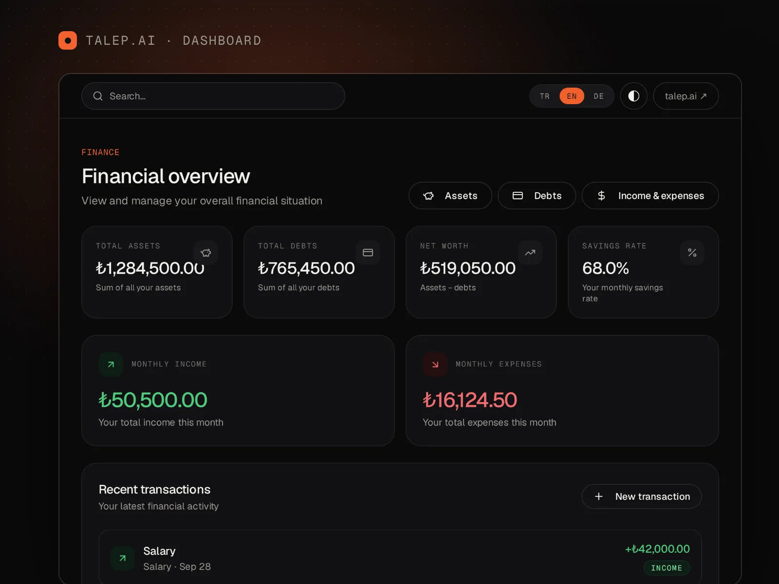 talep.ai user dashboard: Personal finance
