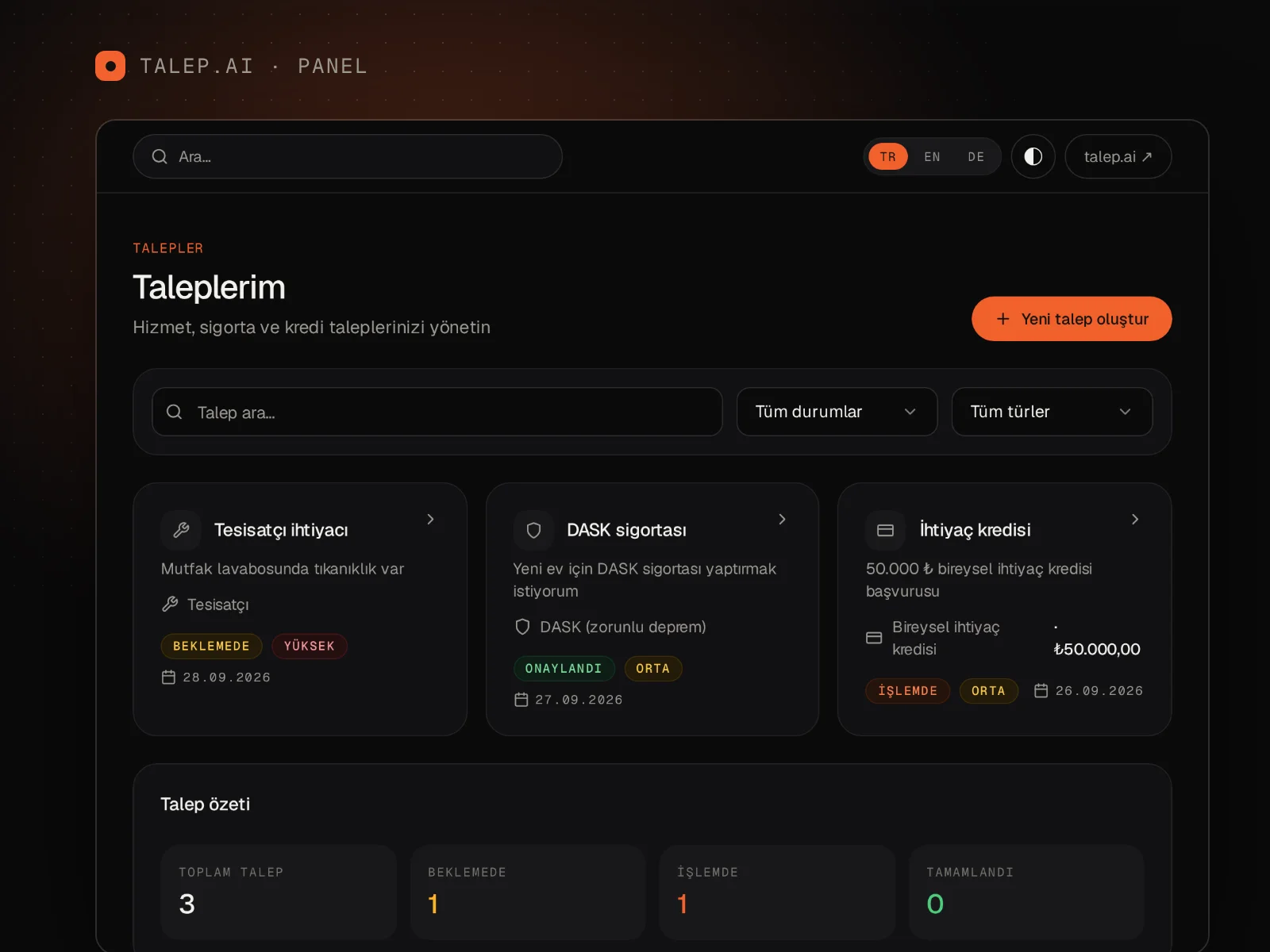talep.ai kullanıcı paneli: Talepler