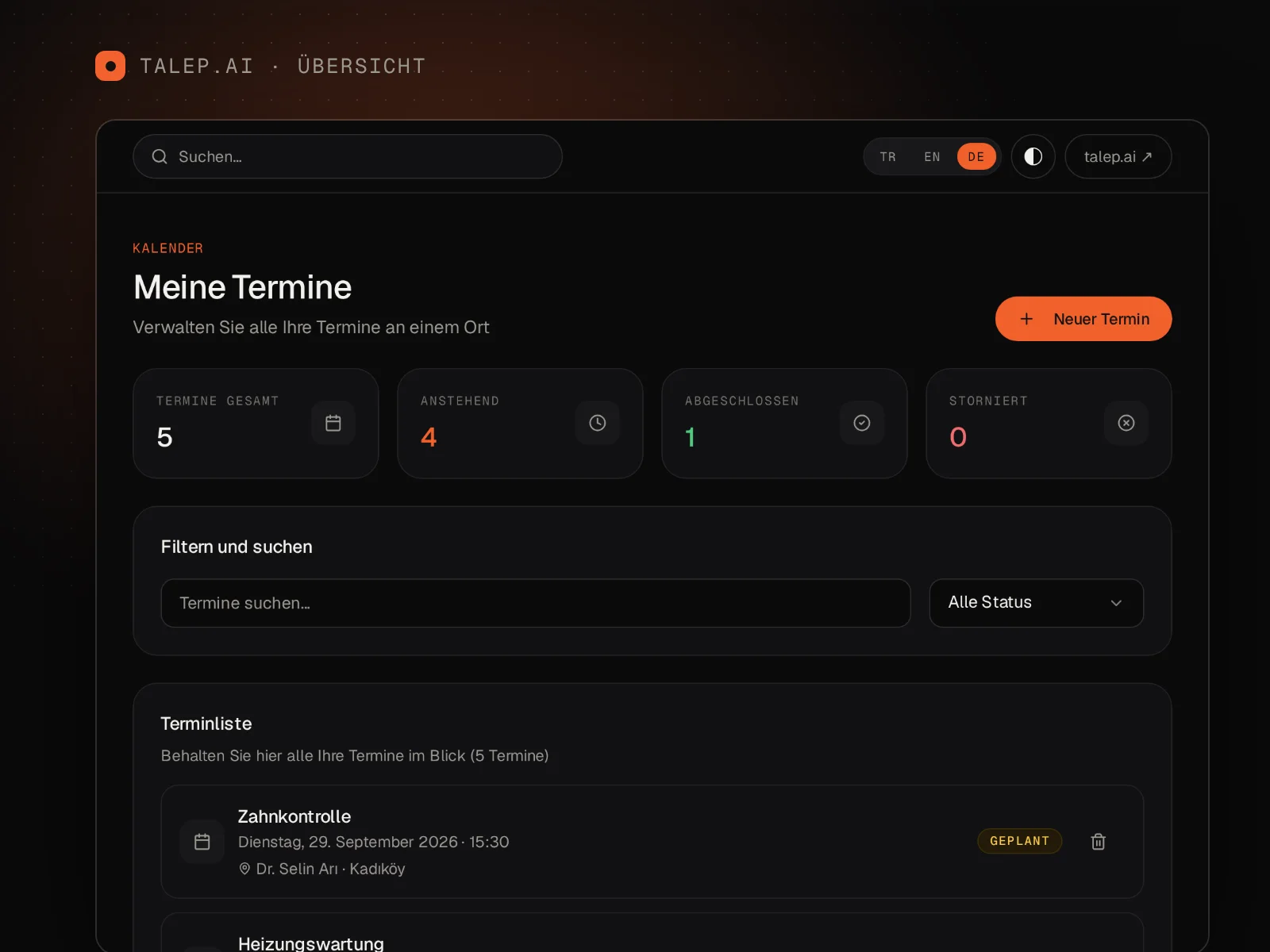 talep.ai Nutzer-Dashboard: Termine und Erinnerungen
