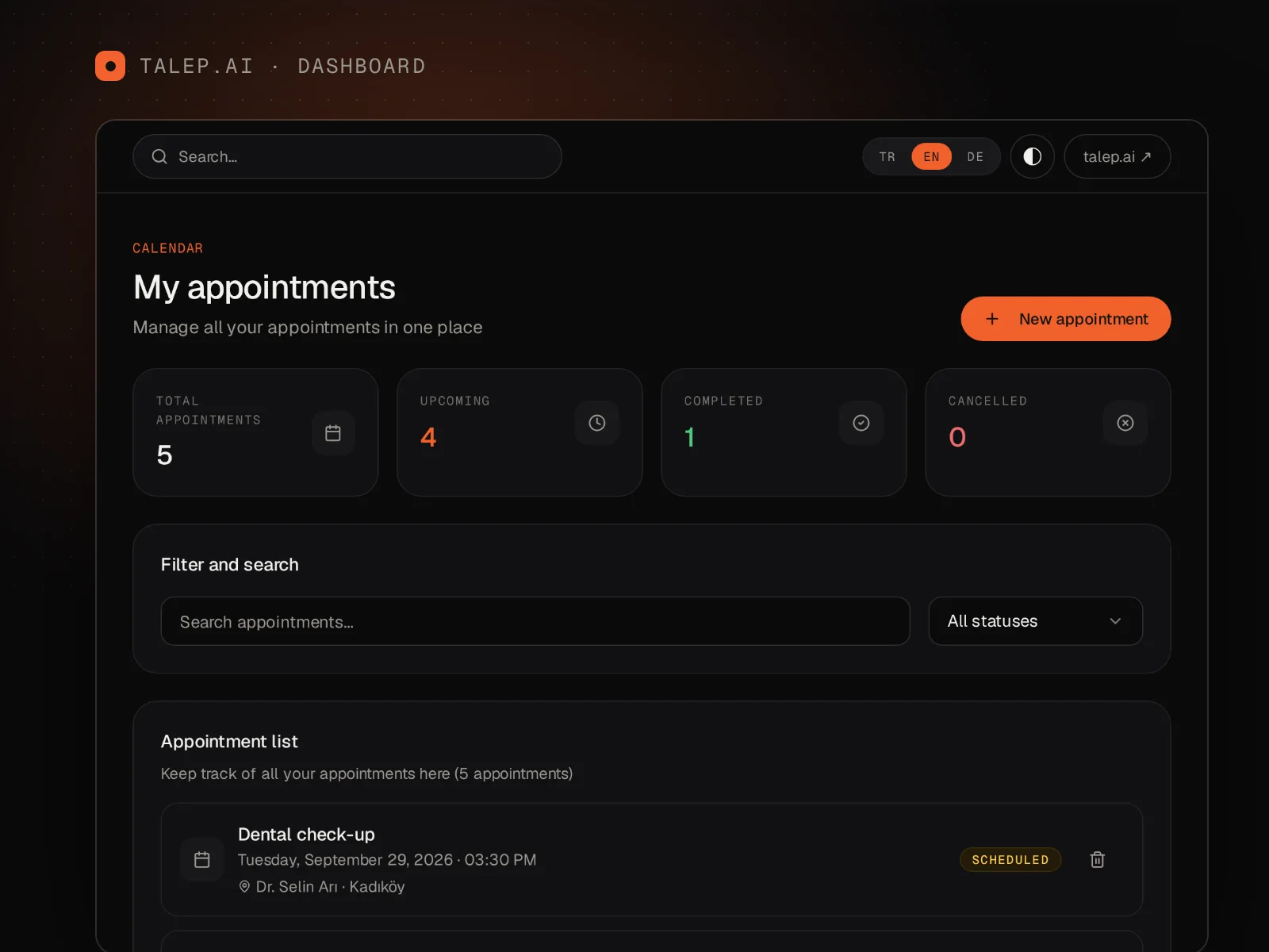 talep.ai user dashboard: Appointments and reminders